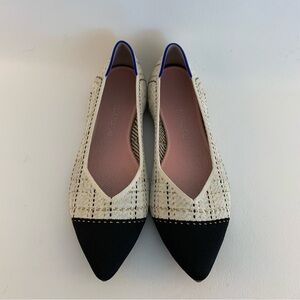 Rothy's Cream Tweed Pointed Toe Flats with Black Cap Toe and Blue Trim